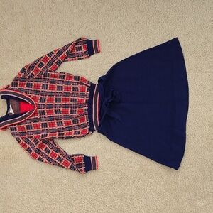 1970s Girls Biquette Plaid Top and Sweater Skirt Combo Navy, Red, and Green
